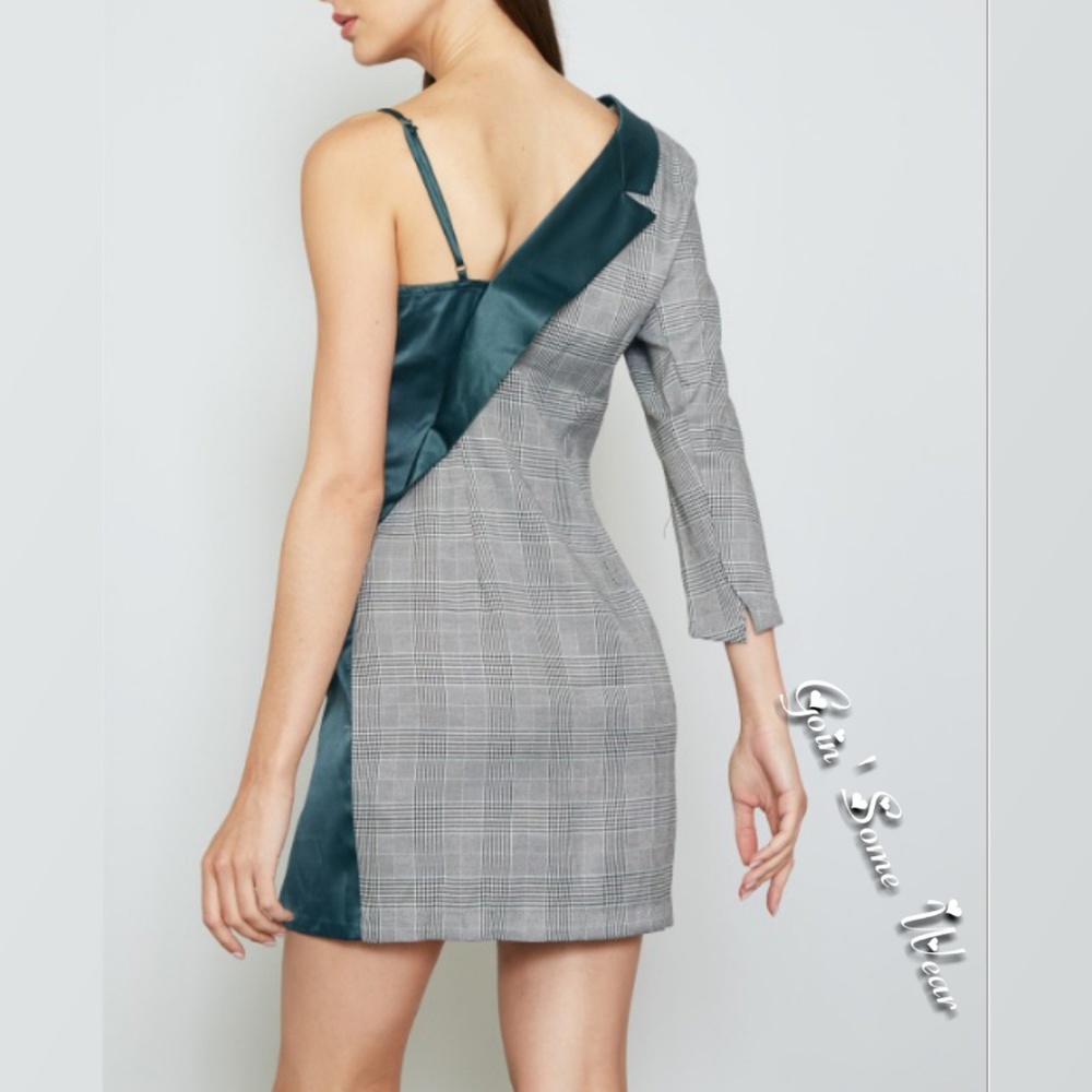 One Shoulder Sleeve Contrast Green Grey Mini Dress Sizes Small Medium Large - Picture 4 of 7